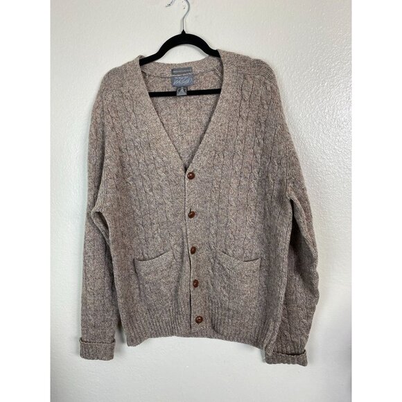 Lord & Taylor Shetland Wool Mens Wool Cable Knit Cardigan Sweater Sz Large Beige - Picture 1 of 14